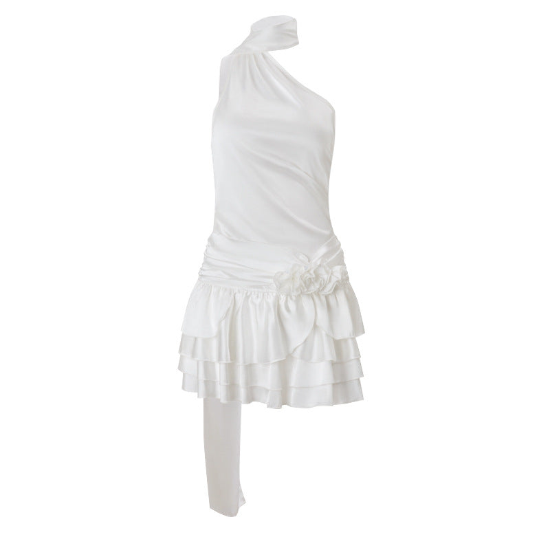 Asymmetric Halter Neck Fabric Rosette Tiered Ruffle Satin Mini Dress