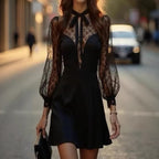 Lace Puff Sleeve Bow Tie Neck Deep V-Neck Fit and Flare Mini Dress
