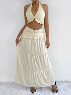 Halter Neck Two Piece Low Waist Hem Hip Long Skirt