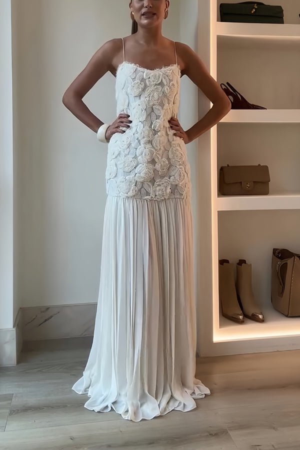 Indulge in Floral Applique Pleated Chiffon Hem Slip Maxi Dress