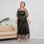 Mesh Embroidered Formal Party Maxi Dress