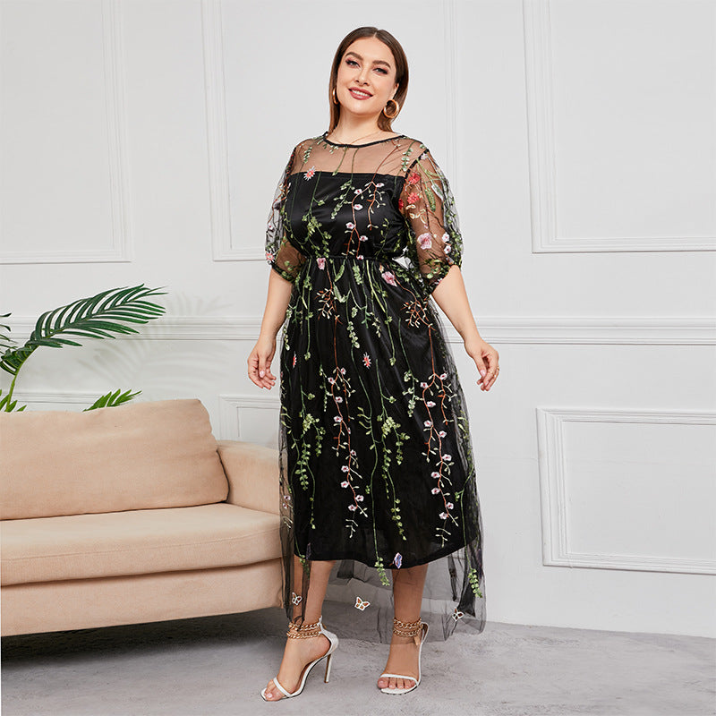 Mesh Embroidered Formal Party Maxi Dress