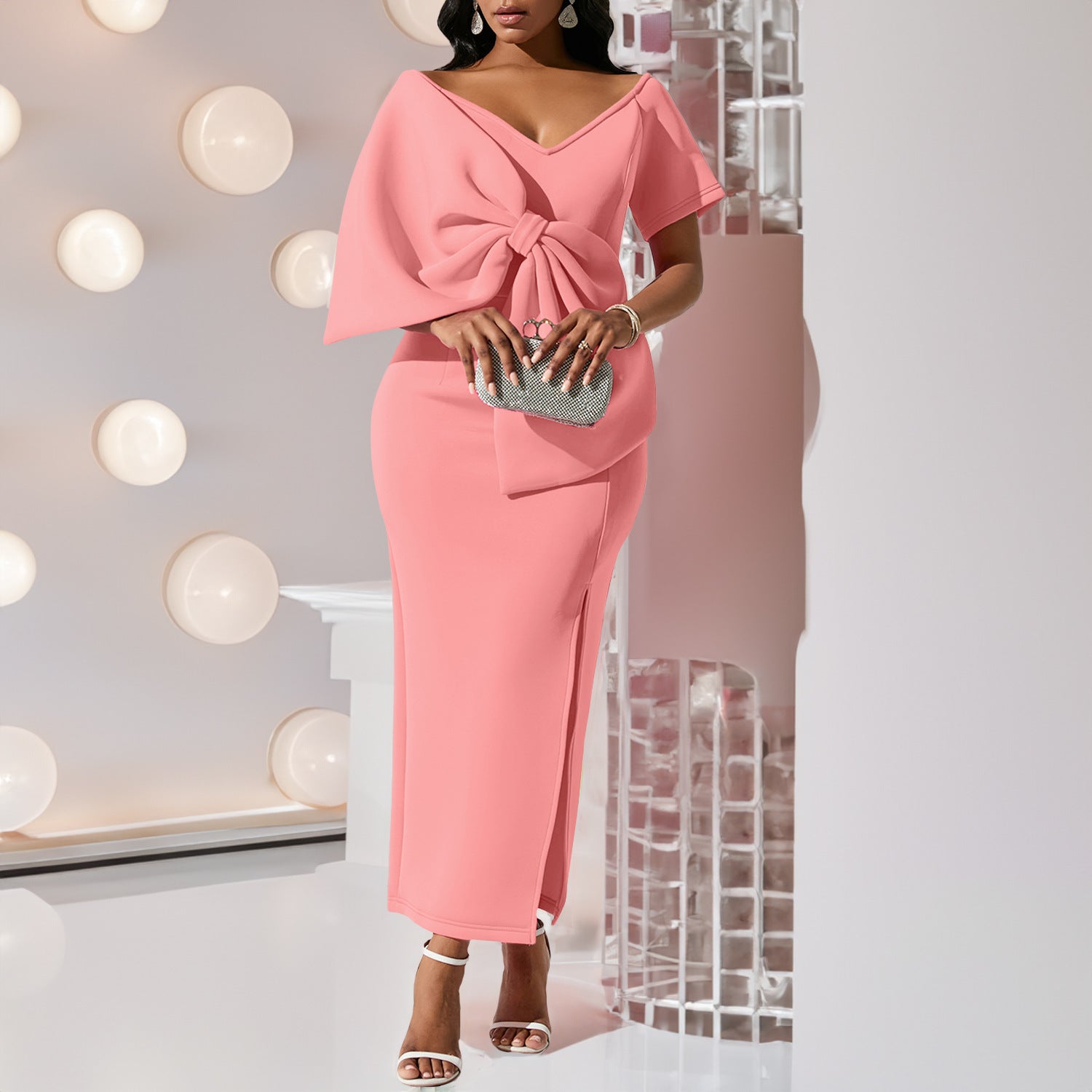 Oversized Bow Asymmetric V-Neck Short Sleeve Bodycon Midi Dress