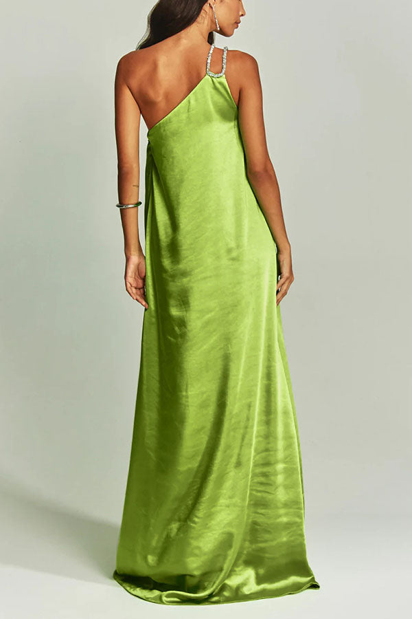 Charming Glance Satin Metal Hardware One Shoulder Loose Maxi Dress