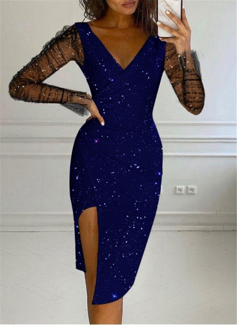 Ofelia Effortless Women's Evening Dress with Transparent Sleeves and Glittering Star Motif Designer Edit