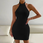 Ribbed Knit Halter Mock Neck Sleeveless Bodycon Mini Dress