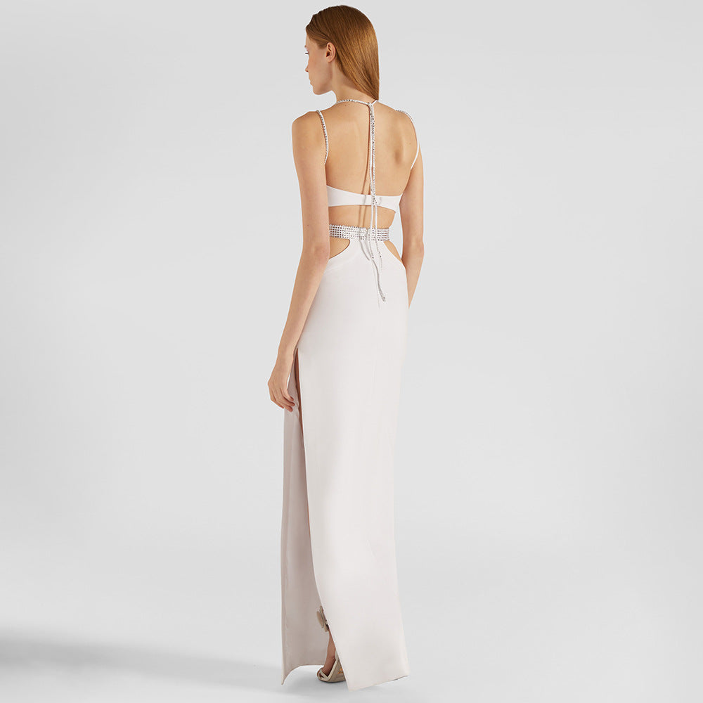 Rhinestone Strap Deep V-Neck Waist Cut Out High Split Bandage Maxi Dress