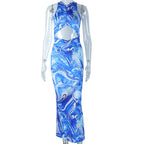 Marble Print High Neck Sleeveless Midriff Cut Out Bodycon Maxi Dress