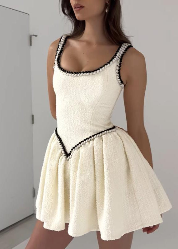Boucle Tweed Scoop Neck Braided Trim Basque Waist Flared Mini Dress