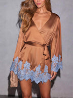Joyful Bond Satin Lace Trim Contrast Color Bell Sleeve Tie-up Kimono Mini Dress