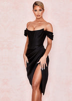 Off Shoulder Corset Bodice Draped Wrap High Slit Midi Dress