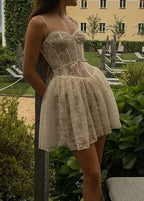 Floral Lace Corset Sweetheart Spaghetti Strap Babydoll Mini Dress