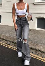 Stretch Slim Knee Hole Bell-Bottom Pants