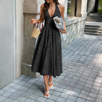 Halter Plunging V-Neck Textured Floral Jacquard Fit and Flare Midi Dress