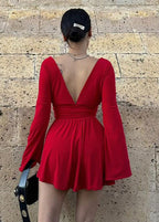 Deep V-Neck Bell Sleeve Ruched Waist Wrap Mini Dress