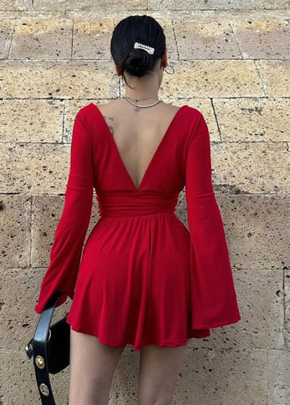 Deep V-Neck Bell Sleeve Ruched Waist Wrap Mini Dress