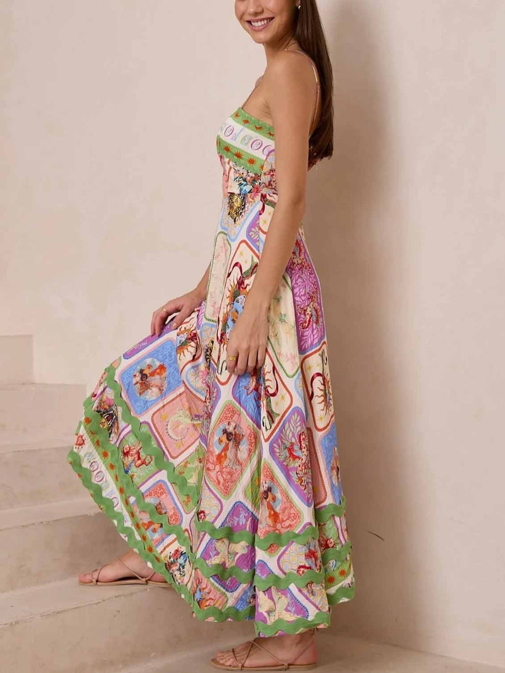 Tarot Panel Print Spaghetti Strap Square Neck Maxi Dress