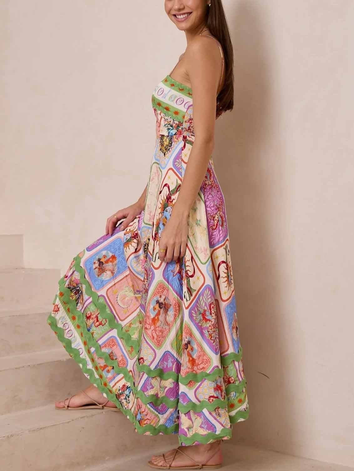 Tarot Panel Print Spaghetti Strap Square Neck Maxi Dress