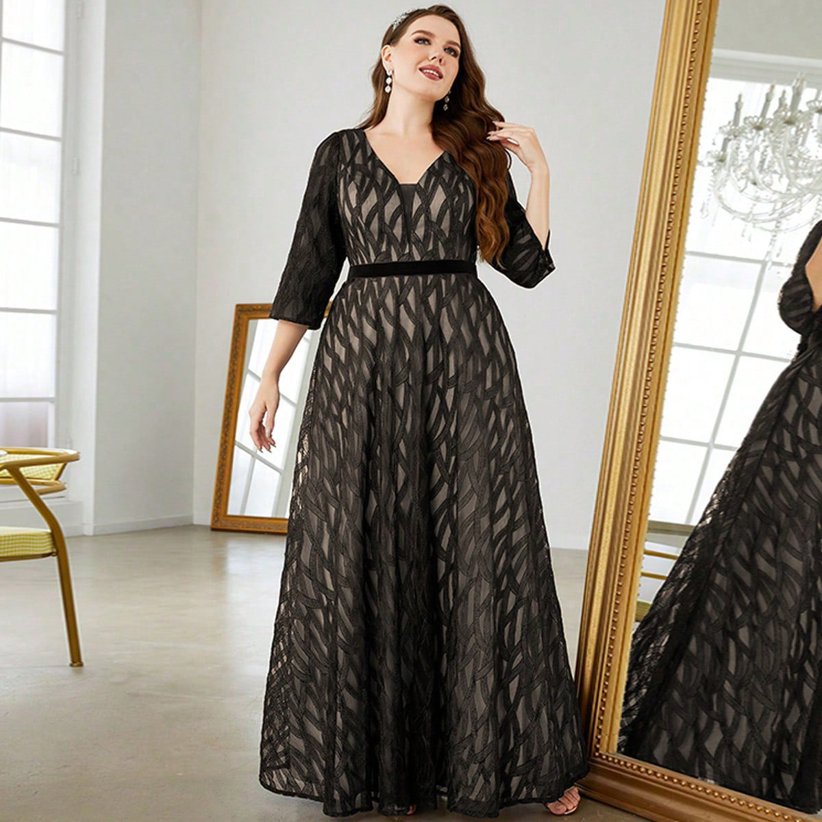 Plus Size Evening Dress Deep V Plunge neck Formal A Line Dress