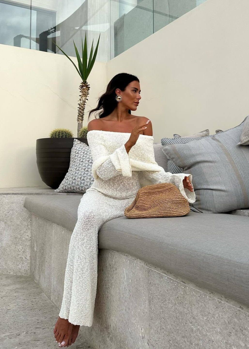 Off Shoulder Shimmer Knit Bodycon Maxi Dress