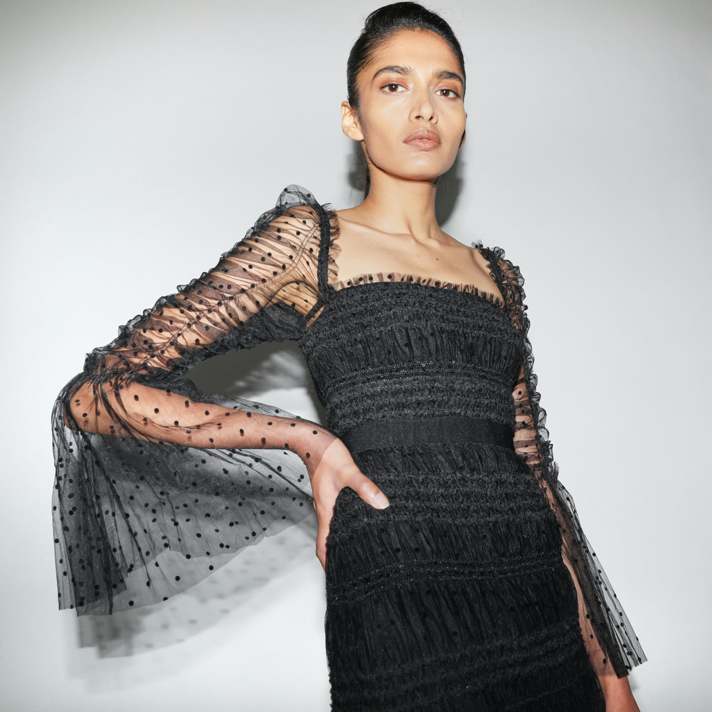 Black Flared Sleeves Slimming Long Sleeve Dot Mesh Korean Dress Dress