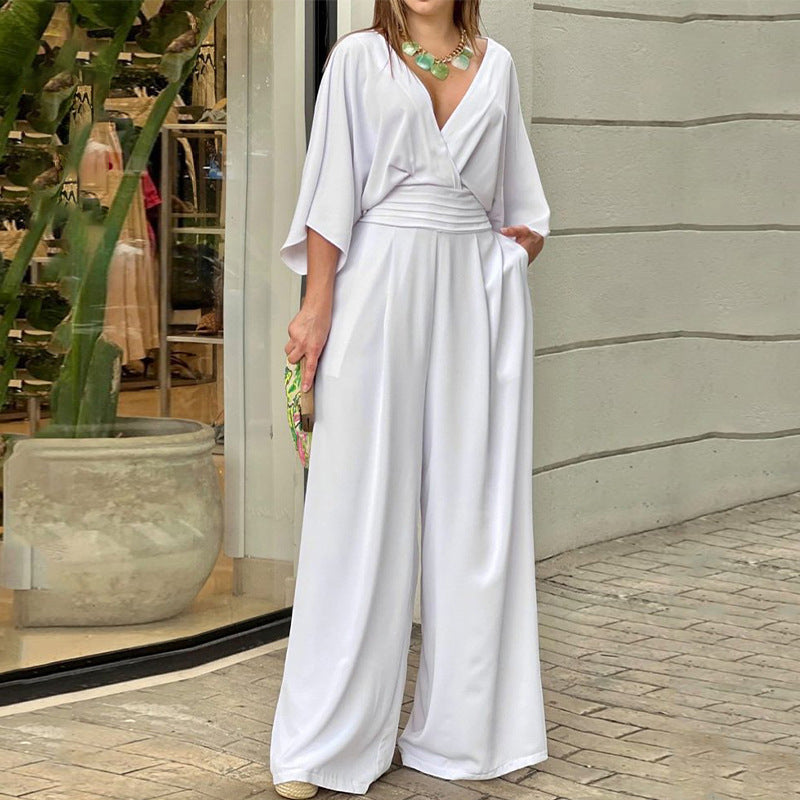 Solid Color Short Sleeve Casual V Neck Jumpsuit
