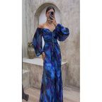 Printed Pleated Long Sleeve Formal Occasion Dress