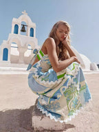 Baroque Column Print Sweetheart Neck Lace Trim Tiered Maxi Dress