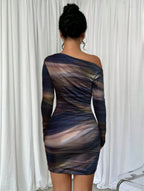 Stitch sheer mesh see through abstract off shoulder mini dress