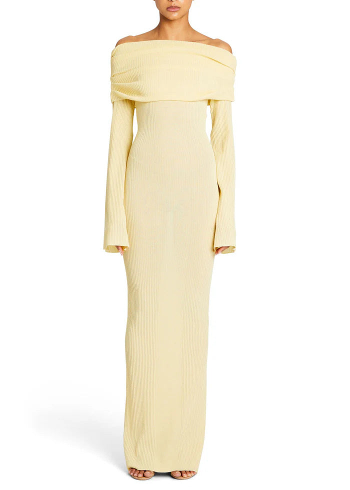 Off Shoulder Rib Knit Bell Sleeve Bodycon Maxi Dress