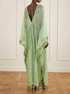 Gianna Sequin Deep V-neck Batwing Sleeve Fringed Trim Slit Gown Maxi Dress