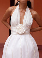 Halter Deep V-Neck Pearl Embellished Floral Applique Mini Dress
