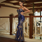 Sequin Embellished Plunging Sweetheart Mesh Side Cutout Mermaid Maxi Gown