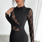 Lace Sleeve Mock Neck Cut Out High Split Bodycon Midi Dress