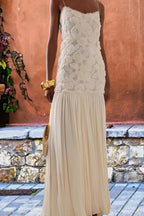 Indulge in Floral Applique Pleated Chiffon Hem Slip Maxi Dress
