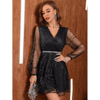 Mónica Boutique Women's Evening Dress with Sparkling Glitter Effect and Semi Transparent Sleeves Chic Silhouette Collection