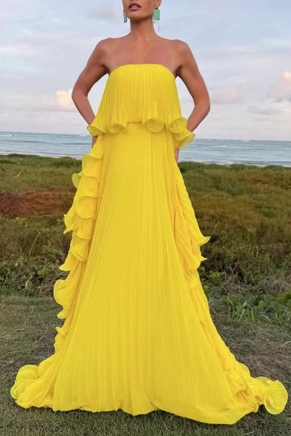 Reina Chiffon Pleated Wavy Ruffles Trim Strapless Loose Maxi Dress