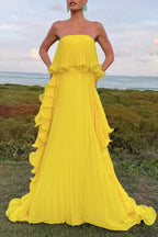 Reina Chiffon Pleated Wavy Ruffles Trim Strapless Loose Maxi Dress