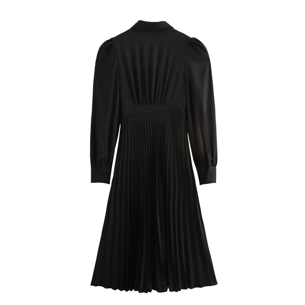 Lace Up Grommet Collar Bishop Sleeve Accordion Pleated Midi Dress