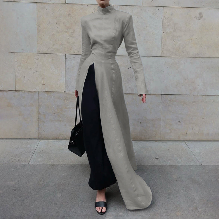 Stand Collar Long Sleeve Front Slit Structured Maxi Dress