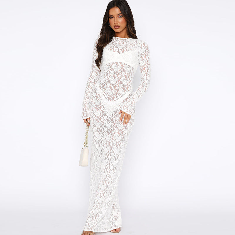 Sheer Floral Lace Long Sleeve Crew Neck Column Maxi Dress
