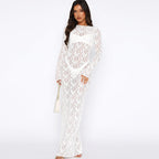 Sheer Floral Lace Long Sleeve Crew Neck Column Maxi Dress