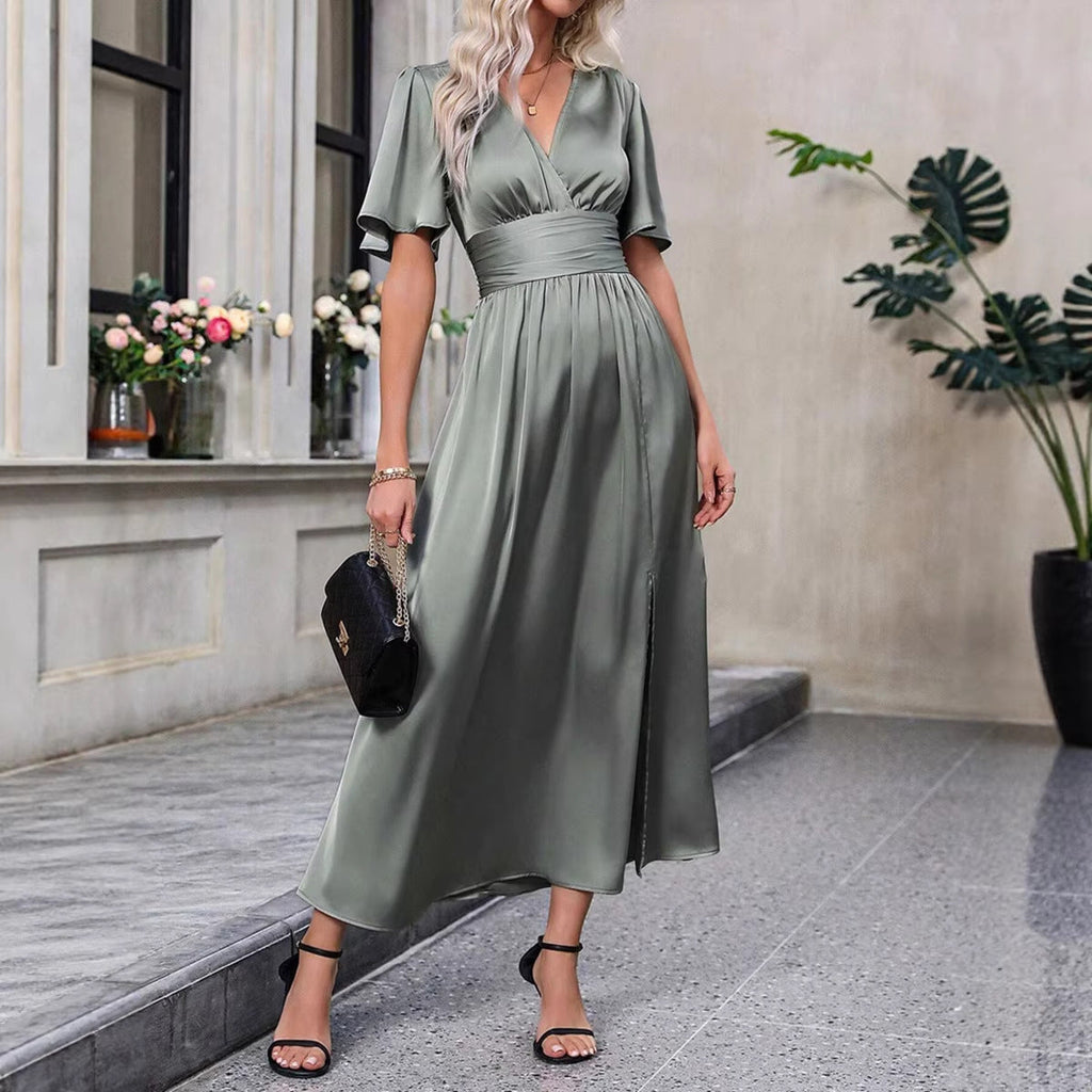 Satin Wrap V-Neck Flutter Sleeve Ruched Waist Slit Midi Dress