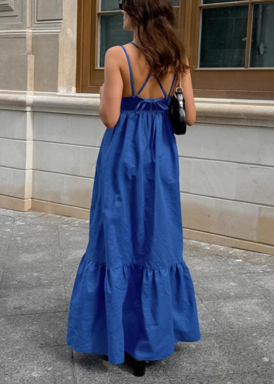 Crinkled Fabric Double Strap Deep V-Neck Tiered Maxi Dress