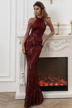 Tassel sequin host fishtail long slim dress