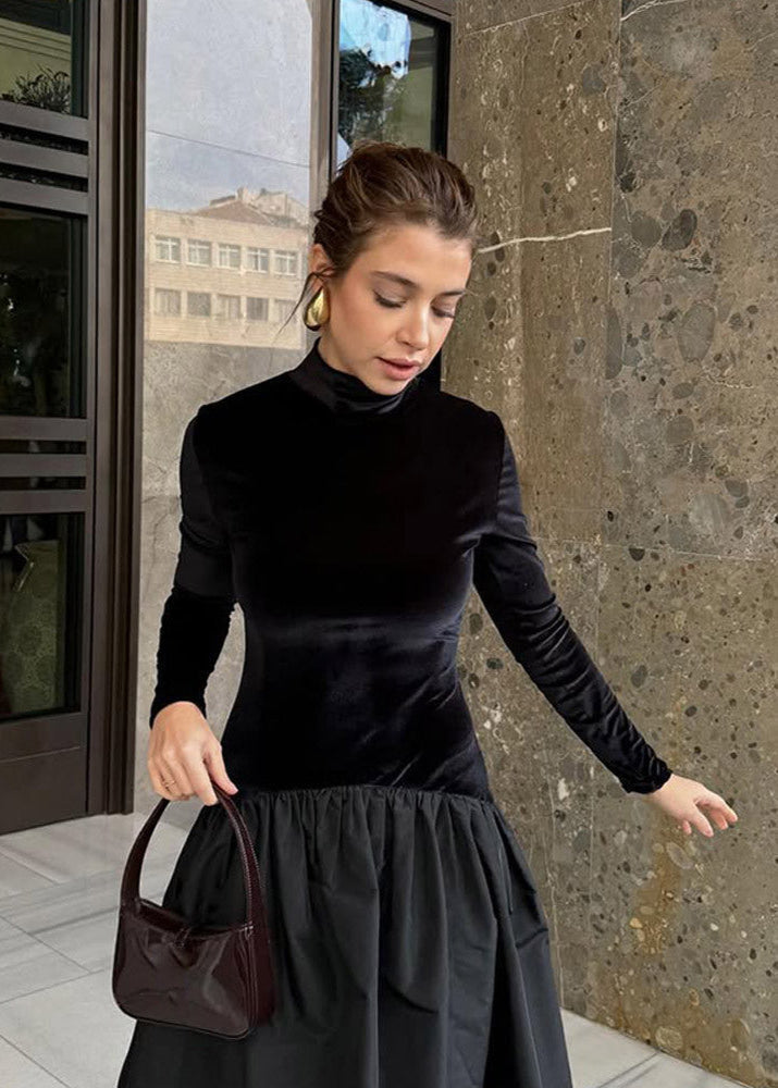 Velvet Mock Neck Long Sleeve Taffeta Puff Skirt Mixed Media Midi Dress
