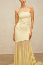 Solid Color Sleeveless Off-shoulder Mesh-paneled Fitted Maxi Dress