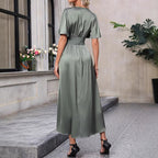 Satin Wrap V-Neck Flutter Sleeve Ruched Waist Slit Midi Dress