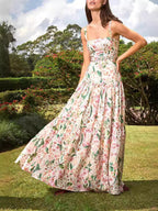 Square Neck Wide Strap Tiered Floral Print A-Line Maxi Dress