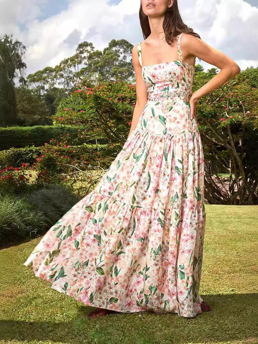 Square Neck Wide Strap Tiered Floral Print A-Line Maxi Dress